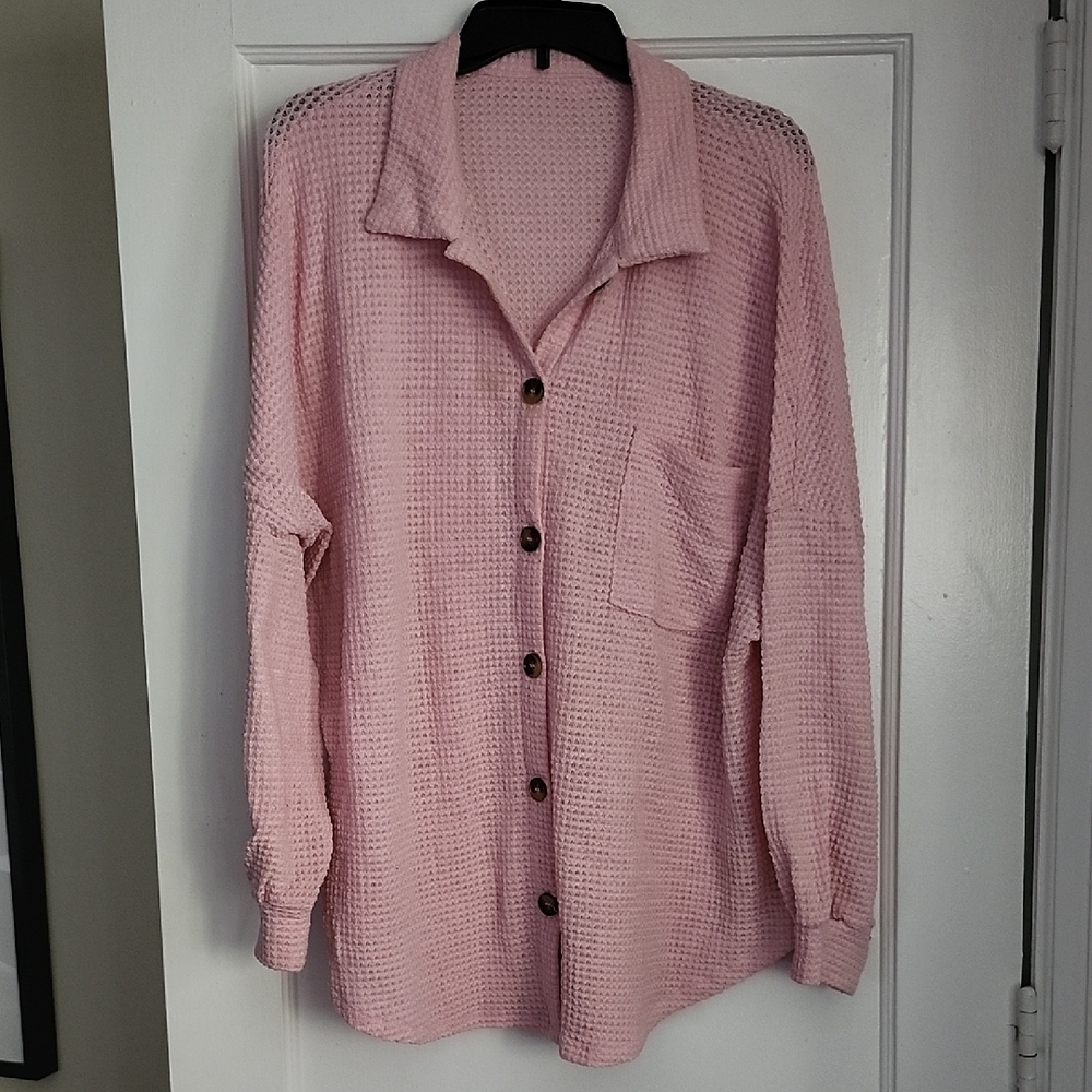 Pink Oversized Waffle Knit Button-Up Shirt